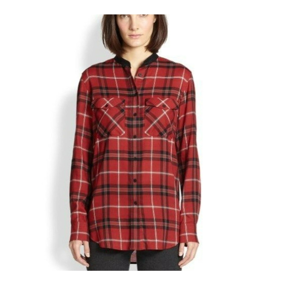 Vince Plaid Button Front Shirt Lamb Leather Collar Size 6 Red Black Long Sleeves